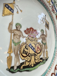 A Chinese famille rose armorial dish with the arms of Goos de Ghyseghem, Vecquemans and Golbeau for the Belgian market, Yongzheng/Qianlong