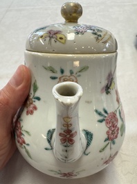 A Chinese famille rose 'Birds and Insects among Flowers' teapot on a later wooden stand, Yongzheng