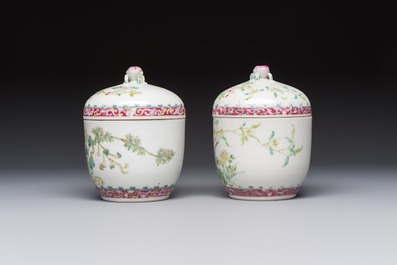 Five Chinese famille rose wares with floral design, Qianlong and Hongxian marks, Republic