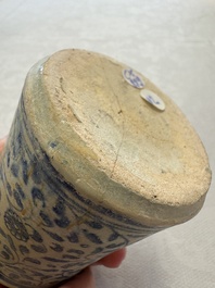A blue and white Antwerp maiolica albarello inscribed 'PV:PVERPERL', 16th C.