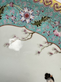 Two Chinese famille rose dishes and a plate with elegant beauties, Qianlong marks, 20th C