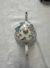 A Chinese famille rose 'Birds and Insects among Flowers' teapot on a later wooden stand, Yongzheng