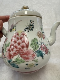 A Chinese famille rose 'Birds and Insects among Flowers' teapot on a later wooden stand, Yongzheng