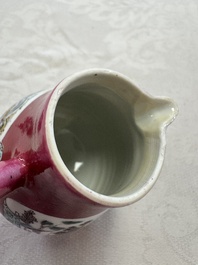 A Chinese famille rose ruby-ground 'Landscape Scroll' covered tea caddy and a covered milk jug, Yongzheng