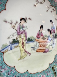 Two Chinese famille rose dishes and a plate with elegant beauties, Qianlong marks, 20th C
