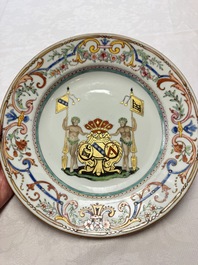 A Chinese famille rose armorial dish with the arms of Goos de Ghyseghem, Vecquemans and Golbeau for the Belgian market, Yongzheng/Qianlong