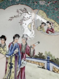 Two Chinese famille rose dishes and a plate with elegant beauties, Qianlong marks, 20th C