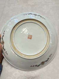 Two Chinese famille rose dishes and a plate with elegant beauties, Qianlong marks, 20th C