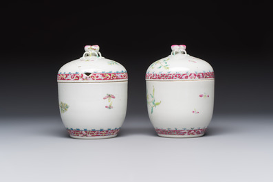 Five Chinese famille rose wares with floral design, Qianlong and Hongxian marks, Republic