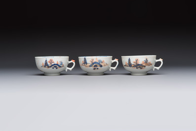 Ten Chinese Imari-style 'Riverscape' cups and saucers, Qianlong