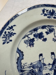 A Chinese blue and white 'Elegant Ladies in a Garden' dish, Qianlong
