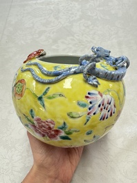 A pair of Chinese famille rose yellow-ground water pots with floral design and applied chilong and bats, Qianlong mark, 19/20th C.
