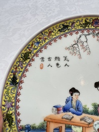 Two Chinese famille rose dishes and a plate with elegant beauties, Qianlong marks, 20th C