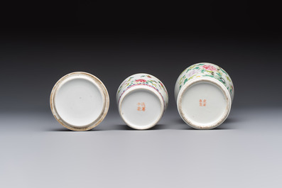 Five Chinese famille rose wares with floral design, Qianlong and Hongxian marks, Republic