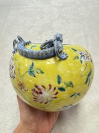 A pair of Chinese famille rose yellow-ground water pots with floral design and applied chilong and bats, Qianlong mark, 19/20th C.
