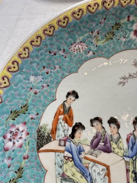 Two Chinese famille rose dishes and a plate with elegant beauties, Qianlong marks, 20th C