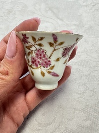 A Chinese famille rose wine pot and a pair of covered wine warming bowls with cups, Qianlong and Wang Fulong Zhi 汪福隆制 marks, 19/20th C.