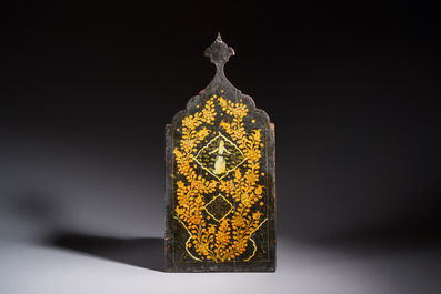 A Persian painted and Khatam Kari-inlaid wooden mirror with two doors, Qajar, 19th C.