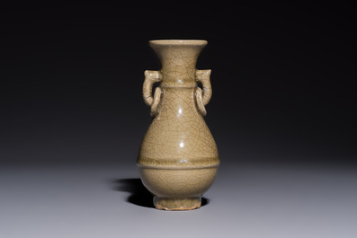 A Chinese Longquan celadon vase with handles, Ming
