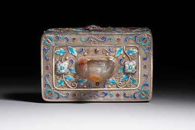 A Chinese enamelled silver rectangular casket adorned with an agate Millefo Buddha, 20th C.