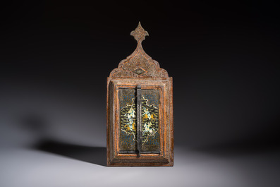 A Persian painted and Khatam Kari-inlaid wooden mirror with two doors, Qajar, 19th C.