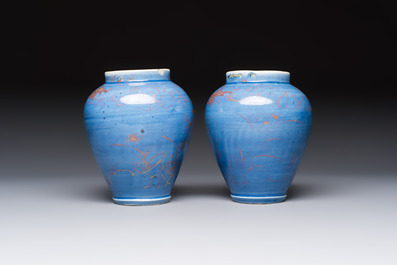 A rare pair of Japanese gilt-decorated blue-ground vases, Edo, late 17th C.