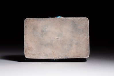 A Chinese enamelled silver rectangular casket adorned with an agate Millefo Buddha, 20th C.