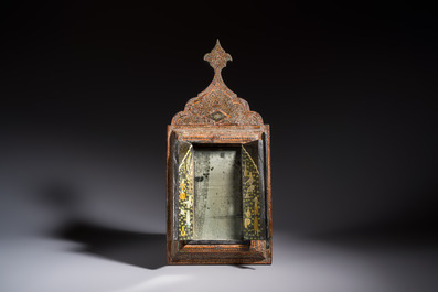 A Persian painted and Khatam Kari-inlaid wooden mirror with two doors, Qajar, 19th C.