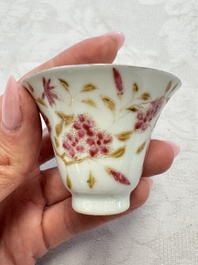 A Chinese famille rose wine pot and a pair of covered wine warming bowls with cups, Qianlong and Wang Fulong Zhi 汪福隆制 marks, 19/20th C.