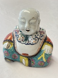Two Chinese Dehua blanc-de-Chine Buddhist lions, three famille rose figures, and a white-glazed group, Kangxi and later