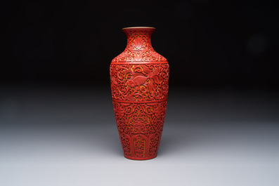 A Chinese two-colour lacquer 'Goldfish' vase, Republic
