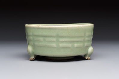A Chinese Longquan celadon 'Bagua' tripod censer, Ming