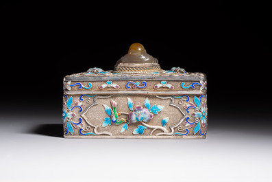 A Chinese enamelled silver rectangular casket adorned with an agate Millefo Buddha, 20th C.