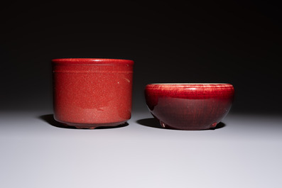 A Chinese flamb&eacute;-glazed bowl and a tripod censer, 19th C.