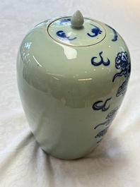 A pair of Chinese blue and white covered vases and two covered jars, Kangxi mark, 19th C