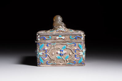 A Chinese enamelled silver rectangular casket adorned with an agate Millefo Buddha, 20th C.