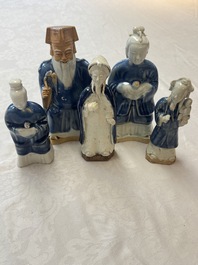 Five Chinese blue and white figures, Qianlong/Jiaqing