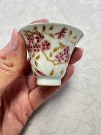 A Chinese famille rose wine pot and a pair of covered wine warming bowls with cups, Qianlong and Wang Fulong Zhi 汪福隆制 marks, 19/20th C.