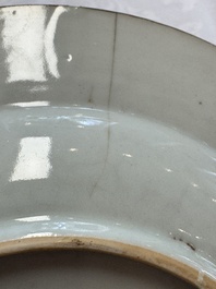 A Chinese famille rose 'Faux-Bois' teapot and three plates, Qianlong