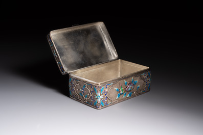 A Chinese enamelled silver rectangular casket adorned with an agate Millefo Buddha, 20th C.