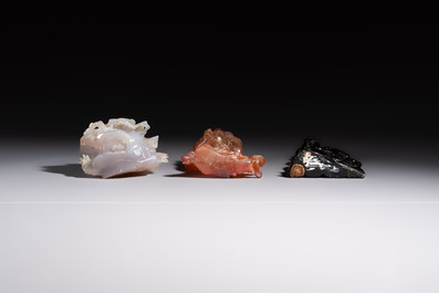 A group of ten Chinese hardstone and cherry amber carvings, 20th C.