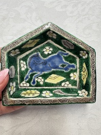A Chinese verte biscuit eight-piece sweetmeat set with flying horses, 19th C.