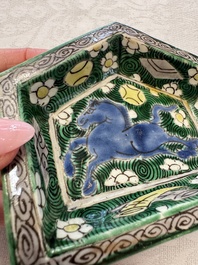 A Chinese verte biscuit eight-piece sweetmeat set with flying horses, 19th C.