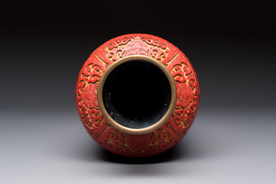 A Chinese two-colour lacquer 'Goldfish' vase, Republic