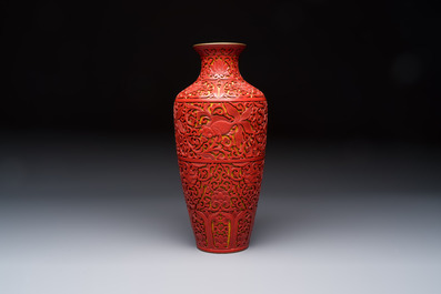A Chinese two-colour lacquer 'Goldfish' vase, Republic