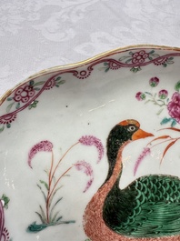 A Chinese export famille rose goose-form tureen and stand, Qianlong