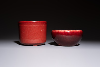 A Chinese flamb&eacute;-glazed bowl and a tripod censer, 19th C.