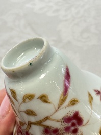 A Chinese famille rose wine pot and a pair of covered wine warming bowls with cups, Qianlong and Wang Fulong Zhi 汪福隆制 marks, 19/20th C.