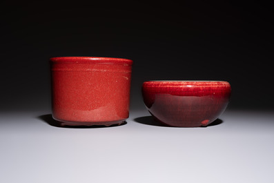 A Chinese flamb&eacute;-glazed bowl and a tripod censer, 19th C.