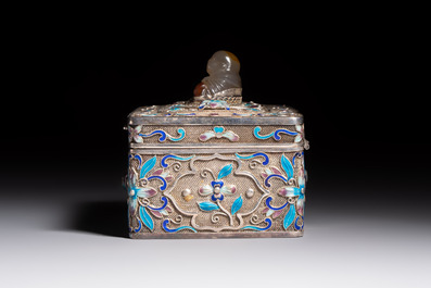 A Chinese enamelled silver rectangular casket adorned with an agate Millefo Buddha, 20th C.